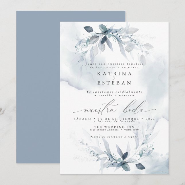 Español Wedding Rustic Dusty Blue Foliage Einladung (Vorne/Hinten)