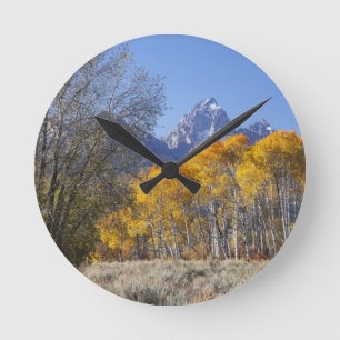 Espenbäume mit der Teton-Gebirgskette Runde Wanduhr