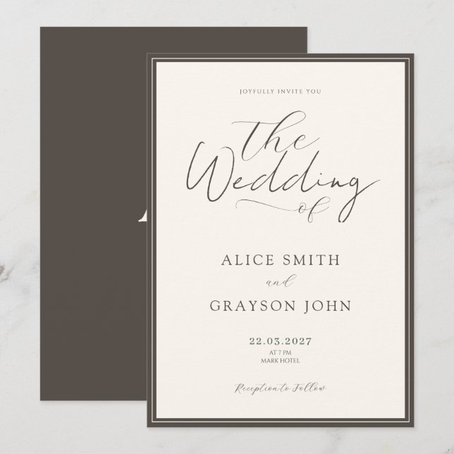Espresso Beige Script Classic Minimalist Wedding  Einladung (Vorne/Hinten)