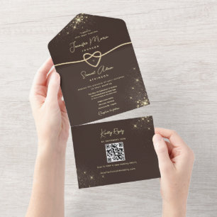 Espresso Braun Gold QR Hochzeit All In One Einladung