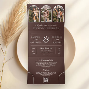 Espresso-Braun-Minimal-Bogen-Foto-QR-Code-Hochzeit Dreifach Gefaltete Einladung