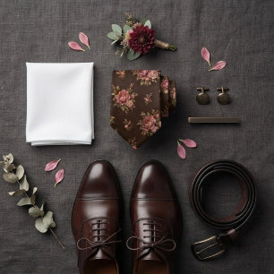 Espresso-Braun-Rosa-Pfingstrose-Chintz-Sträußchen Krawatte