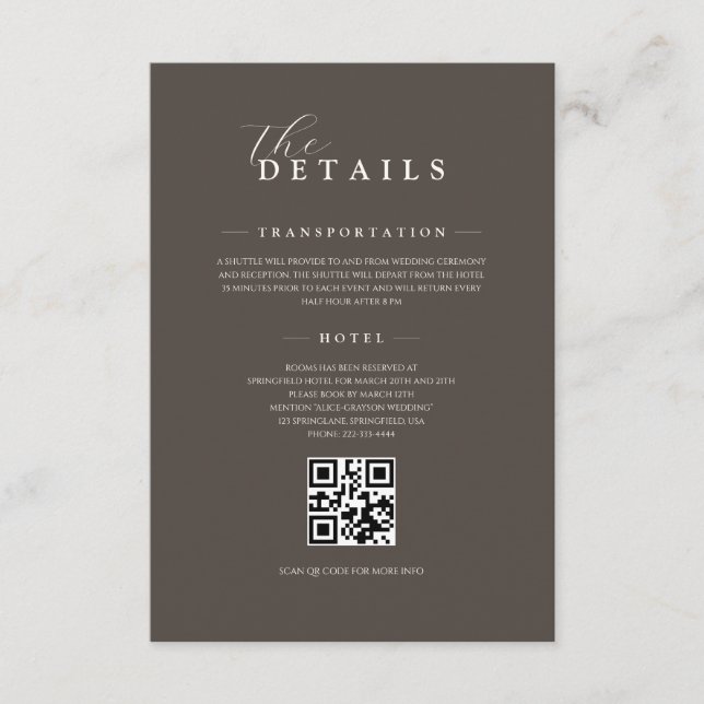 Espresso Classic Minimalist Wedding QR Details Begleitkarte (Vorderseite)
