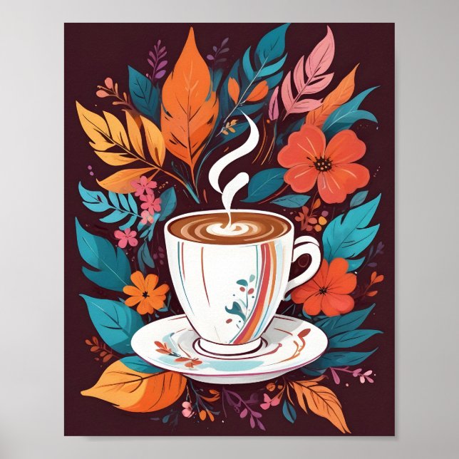 Espresso Coffee Cup Wandkunst mit bunten Blätter Poster (Vorne)