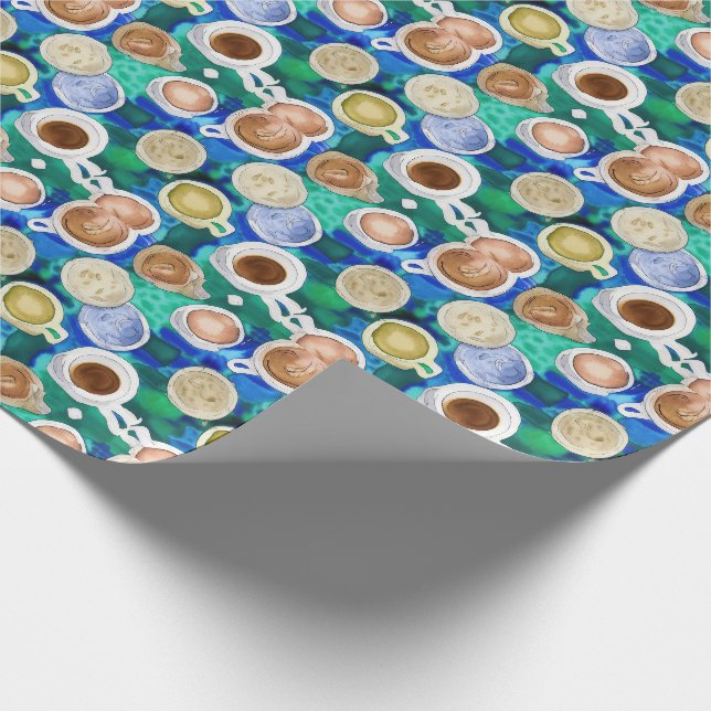 Espresso Green Coffee Cups Wasserfarbiges Muster Geschenkpapier (Ecke)