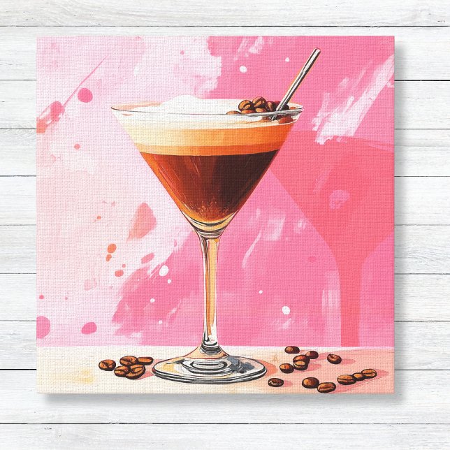Espresso Martini mit Coffee Boans Leinwand (Espresso Martini and Coffee Beans Kitchen or Home Bar Wall Art - Vibrant Pink Paint)