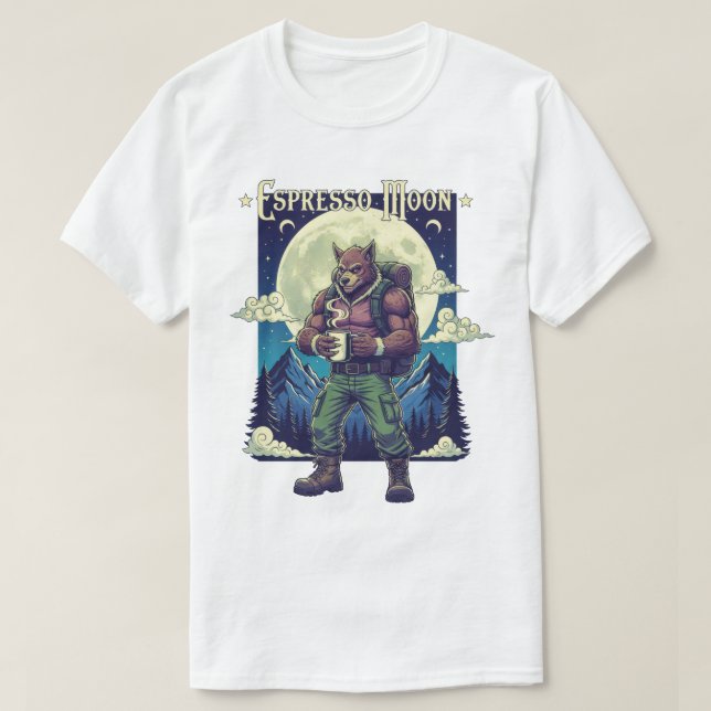 Espresso Moon Werewolf Camping Illustration T-Shirt (Design vorne)