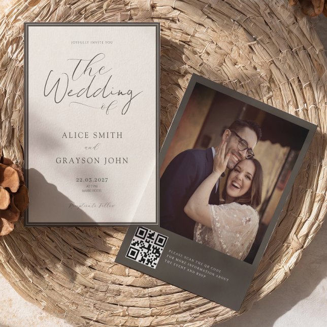 Espresso Photo Back QR Classic Minimalist Wedding  Einladung (Von Creator hochgeladen)