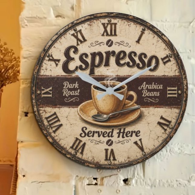 Espresso Vintage Coffee Bar Große Wanduhr (Von Creator hochgeladen)