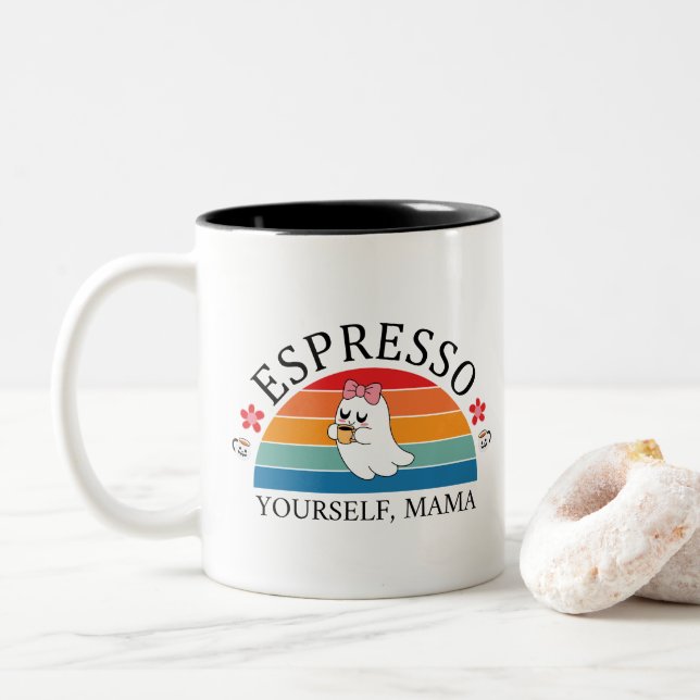 Espresso Yourself Mama - Retro Rainbow Ghost Zweifarbige Tasse (Mit Donut)