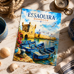 Essaouira Marokko Aquarell Blaue Boote Reise Postkarte