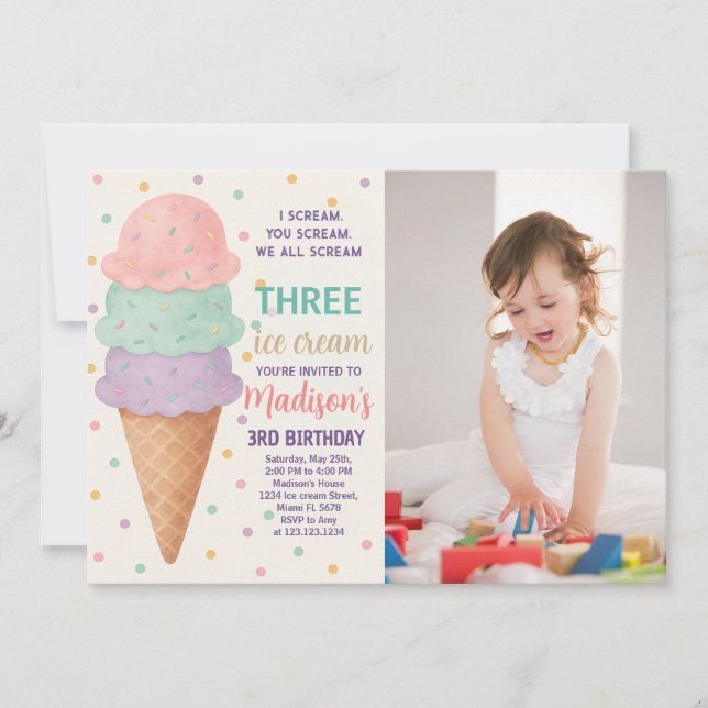Essbare Eiscreme zum Geburtstag Einladung für Kind (Vorderseite)