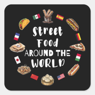 Essen auf der Straße auf der ganzen Welt Quadratischer Aufkleber