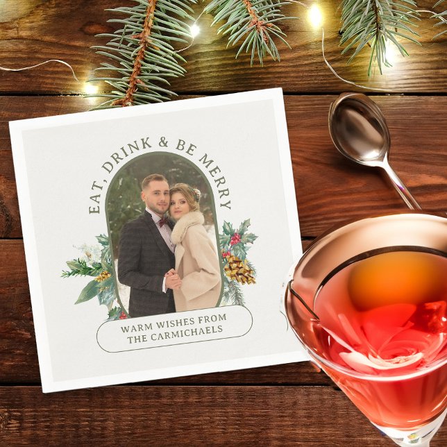Essen Drink & Be Merry Lozenge Form Foto Weihnacht Serviette (Christmas Photo cocktail napkins from the Rounded Lozenge Photo Collage collection)