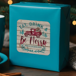Essen Drink & Be Merry Vintag Truck Wein Fass Quadratischer Aufkleber