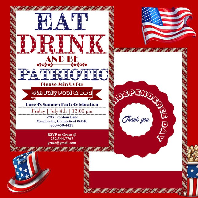 Essen Drink & Be Patriotic 4. Juli Pool & GRILLEN  Einladung (Eat Drink & Be Patriotic 4th July Pool & BBQ Party Invitation)