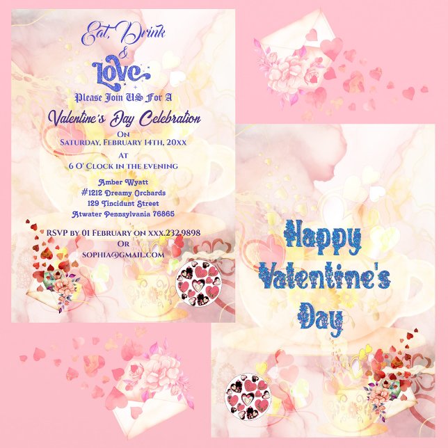 Essen Drink & Liebe Herzlich Valentinstag Feiern Einladung (Eat Drink & Love Heart Valentines Day Celebration Invitation)