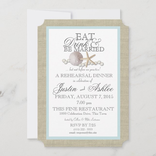 Essen Drink Sand Dollar und Pearl Wedding Probe Einladung (Vorderseite)
