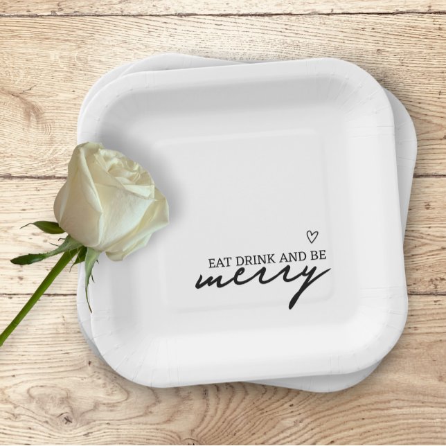Essen Drink sei fröhlich Minimalistische Typografi Pappteller (Eat Drink Be Merry Minimalist Typography Wedding Paper Plates from Ricaso. Modern black and white
)