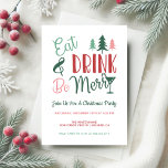 Essen Drink sei fröhliche Typografie Weihnachts-Pa Einladung<br><div class="desc">Die Weihnachtsweihnachtsfeier von Eat,  Drink & Be Merry ist eine niedliche Typografie mit Weihnachtsbaum,  Zuckerrohr und Cocktailglas. Die Rückseite ist ein festliches Urlaubsmuster in Rot-,  Grün- und Rosatönen. Kunst von KL Stock.</div>