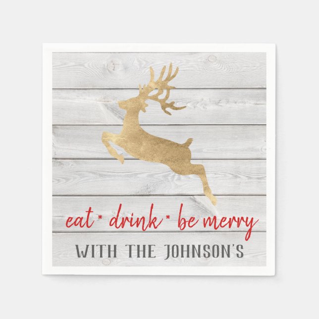 Essen Drink sei Merry Red Gold White Wood Rendeer Serviette (Vorderseite)