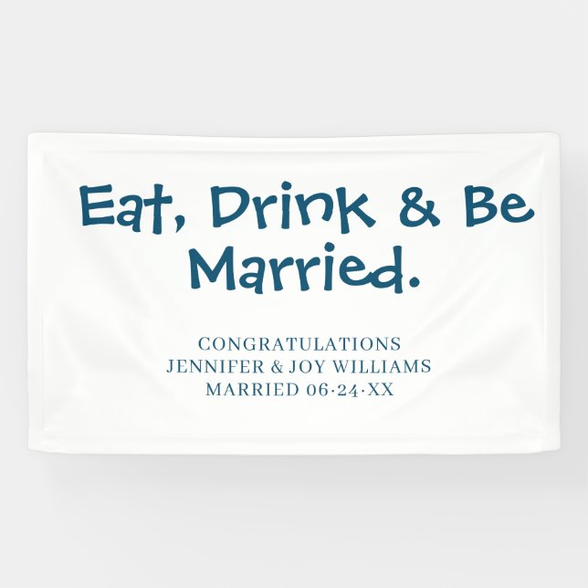 Essen Drink sei Verheiratet moderne Navy Blue Wedd Banner (Horizontal)