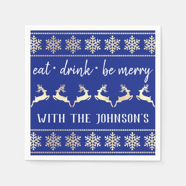 Essen Drink seien Sie froh White Gold Rentier Blue Serviette (Vorderseite)