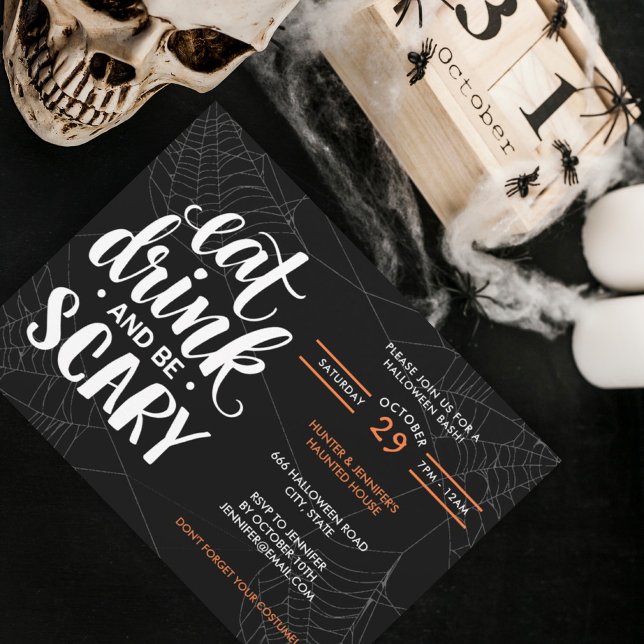 Essen Drink und Beängstigend Halloween Bash Einlad Einladung (Modern Halloween Party Spiderweb invitation with bold white lettering, and orange accents.)