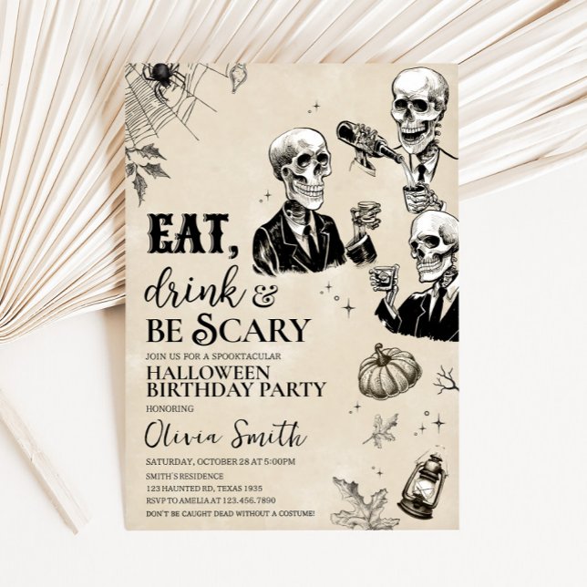 Essen Drink und Beängstigende Skull Halloween Part Einladung (Eat Drink and Scary Gothic Skull Halloween Party Invitation)