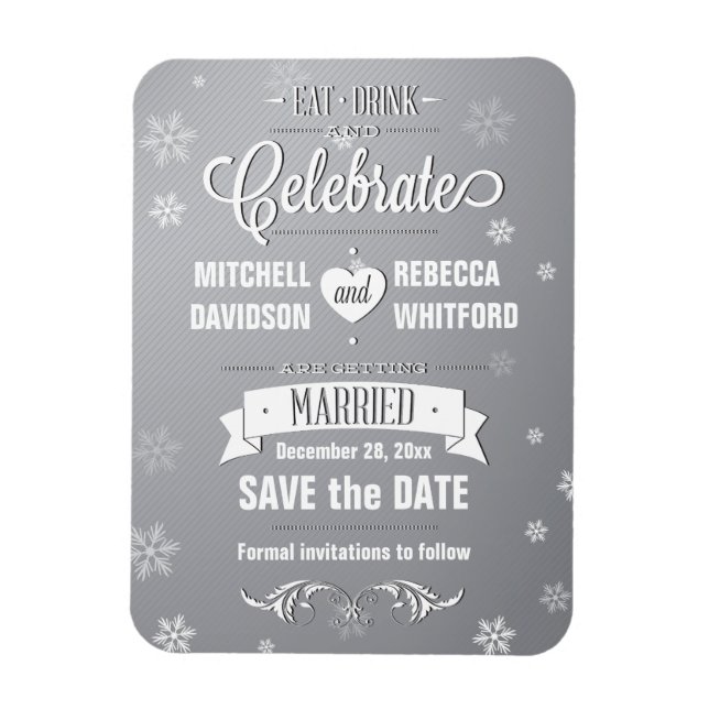 Essen Drink und feiern Wintergrauen Save the Date Magnet (Vertikal)
