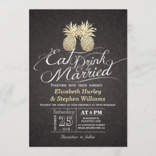 Essen Drink Verheiratet Hochzeit Gold Ananas Coupl Einladung