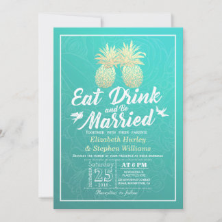 Essen Drink Verheiratet Hochzeit Gold Ananas Coupl Einladung