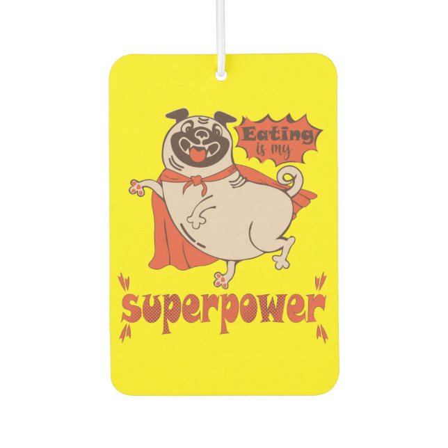 Essen ist mein überragender Rotkleid Mops Comic St Autolufterfrischer (Vorderseite)
