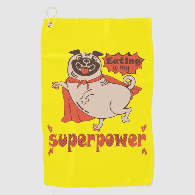 Essen ist mein überragender Rotkleid Mops Comic St Golfhandtuch (Vorderseite)
