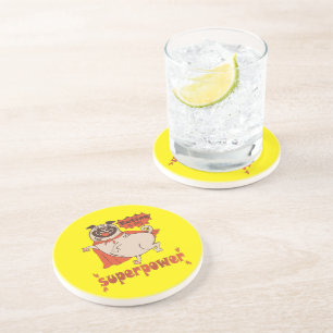 Essen ist meine Superkraft roter Umhang Mops Comic Getränkeuntersetzer