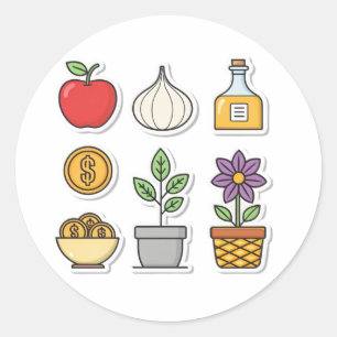 Essen, Pflanze & Wohlstand - Vector Icon Pack. Runder Aufkleber