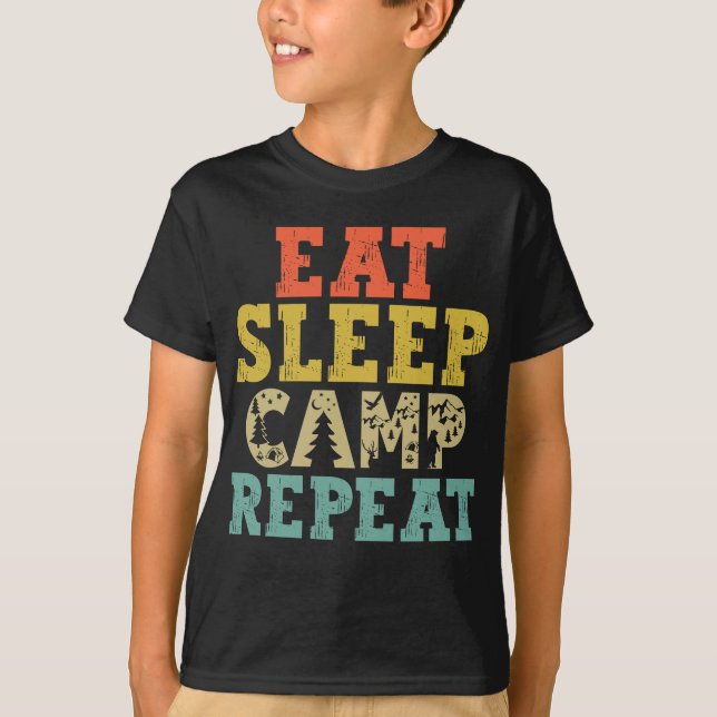 Essen Schlaf Camp Wiederholung Camping Lover T-Shirt (Vorderseite)
