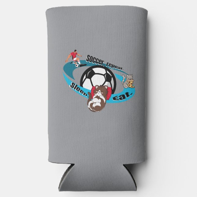 Essen, schlafen, Fußball, wiederholen. Cartoon Fuß Selters Dosenkühler (Vorderseite)