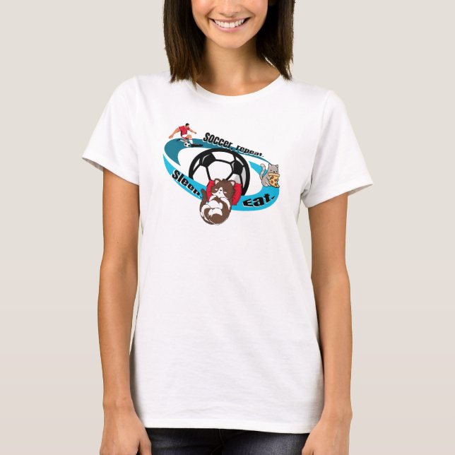 Essen, schlafen, Fußball, wiederholen. Cartoon Fuß T-Shirt (Vorderseite)