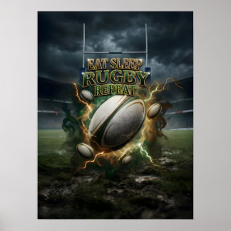 Essen Schlafen Rugby Feuer Poster
