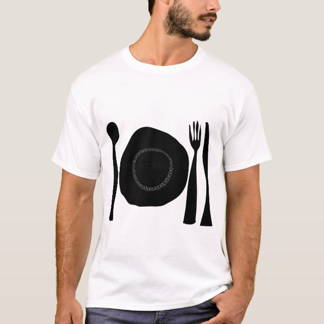 Essen Schwarz und Weiß Plate und Utensils Graphic T-Shirt (Vorderseite)