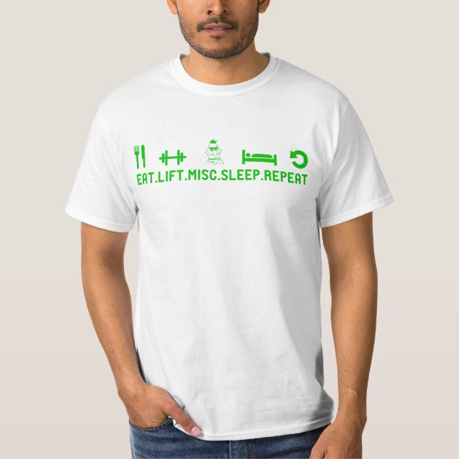 Essen Sie Aufzug-verschiedene Schlaf-Wiederholung T-Shirt (Vorderseite)