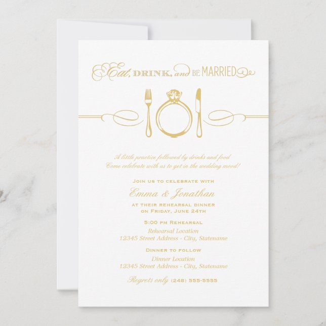 Essen Sie Drink und Verheiratete Gold Probe Abende Einladung (Vorderseite)