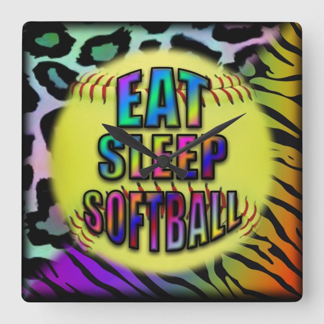 Essen Sie schlafende Softball Wild Animal Print Quadratische Wanduhr (Vorderseite)