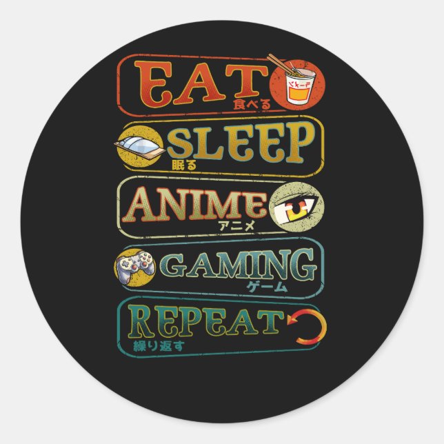 Essen Sie Sleep Anime Gaming Wiederholen Gamer Jap Runder Aufkleber (Vorderseite)