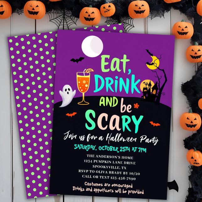 Essen Sie trinken & Beängstigend sein Retro-Farben Einladung (Eat Drink & Be Scary Retro Colors Halloween Party Invitation)