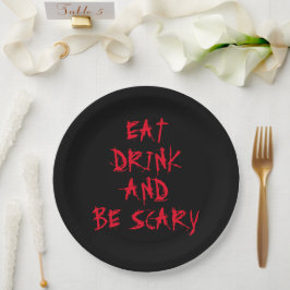 Essen Sie trinken und beängstigendes rotes Hallowe Pappteller