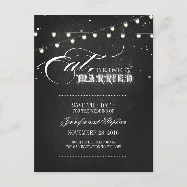 Essen Sie trinken und lassen Sie sich SAVE THE DAT Ankündigungspostkarte (Vorderseite)