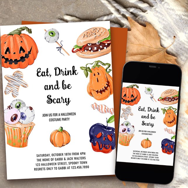 Essen Sie trinken und seien Sie Beängstigend Hallo Einladung (Eat Drink and be Scary halloween costume party invitation)