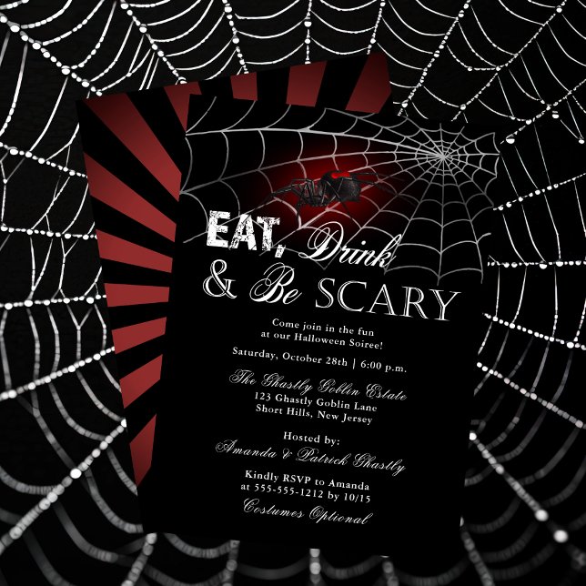 Essen Sie trinken und seien Sie Beängstigend Spide Einladung ("Eat Drink and Be Scary" Spider and Web Halloween Soiree Invitation )